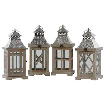 Wood Square Lanterns Silver Pierced Metal Top, 4-Piece Set