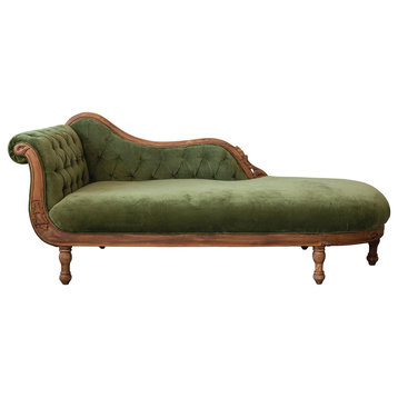 Cotton Velvet Chaise Lounge With Carved Wood Frame, Green