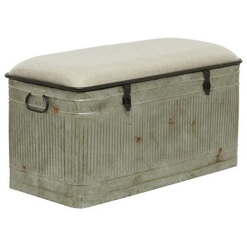 Farmhouse Storage Bench, Metal Frame With Cushioned Seat, Gray Galvanized 38"