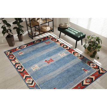 Hand-Knotted Wool Blue Traditional Classic Modern Knot Rug, 6'x9'