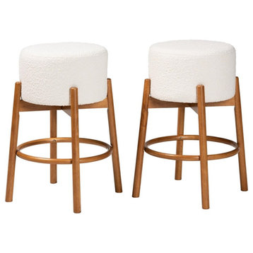 Pemberly Row Cream Boucle Fabric and Brown Wood 2-Piece Bar Stool Set
