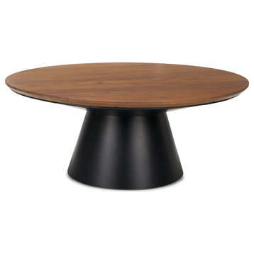 Mitchell Black Metal Pedestal Base With Brown Wood Top Coffee Table