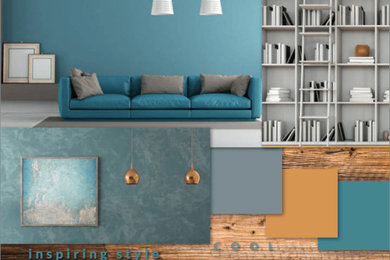 Foto di un soggiorno moderno di medie dimensioni e chiuso con libreria, pareti blu, parquet scuro, nessun camino, nessuna TV e pavimento arancione