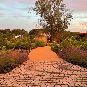 Path to plantings leading to greenhouse and Barn 8 restaurant
