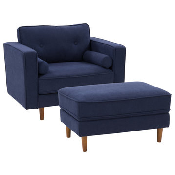 CorLiving Mulberry Fabric Modern Accent Chair & Ottoman Set - 2pcs, Navy Blue