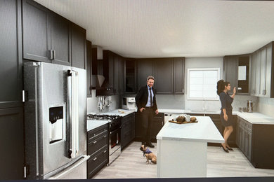 Example of a mid-sized transitional u-shaped vinyl floor and gray floor eat-in kitchen design in Dallas with an undermount sink, shaker cabinets, black cabinets, solid surface countertops, white backsplash, porcelain backsplash, stainless steel appliances, an island and white countertops