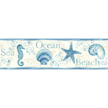 Island Bay Blue Seashells Border Wallpaper, Bolt