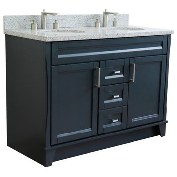 48" Double Sink Vanity, Dark Gray Finish With Gray Granite And Oval Sink