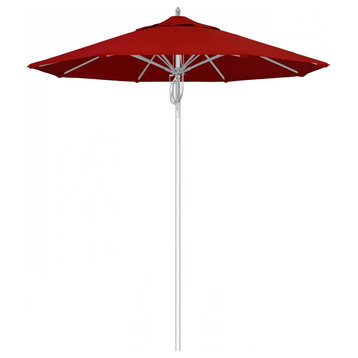 7.5' Patio Umbrella Silver Pole Fiberglass Rib Pulley Lift Sunbrella, Jockey Red