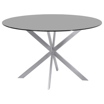 Mystere Brushed Stainless Steel Round Dining Table, Gray Tempered Glass Top