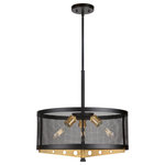 Forte Lighting, Inc. - 3-Light Wire Mesh Drum Pendant, Black and Soft Gold - The Takoma stem hung pendant with it's black mesh frame and gold finish accents creates a cool modern affect. This fixture has a swivel at the canopy which allows for hanging on sloped ceilings. This fixture is perfect for dining rooms, islands or a nook. Add an Edison style bulb for a more Industrial look or an 'A' type LED for a more contemporary feel. This 3-light pendant measures 19.5 in. L x 19.5 in. W x 19 in. W. Medium Base Bulb, 75W max per bulb. This fixture is hardwired.  Bulbs are not included with the fixture.