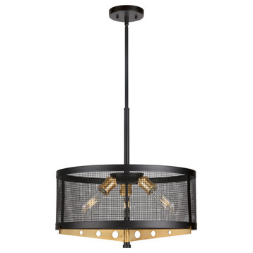 3-Light Wire Mesh Drum Pendant, Black and Soft Gold