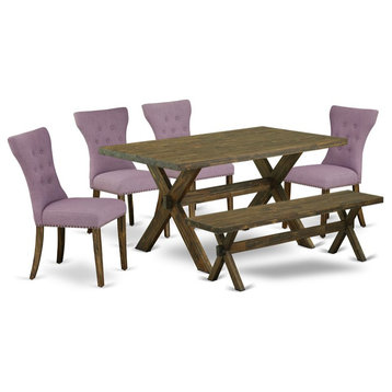 East West Furniture X-Style 6-piece Wood Dining Set in Jacobean Brown/Dahlia