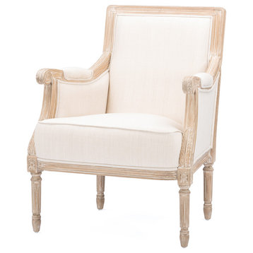 Chavanon Wood and Light Beige Linen Traditional French Accent Chair