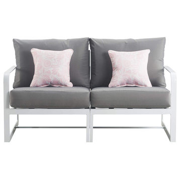 Outdoor Sofa, White Metal Frame With Rounded Arms and Gray Cushioned Seat
