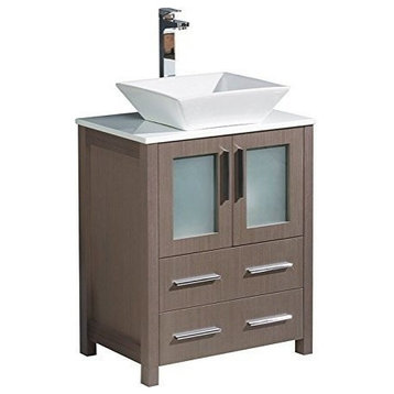 Torino 24" Modern Bathroom Cabinet, With Top and Vessel Sink, Base, Gray Oak