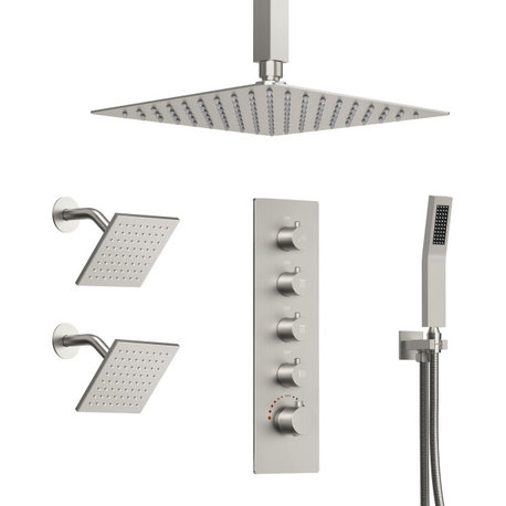 Triple Shower System 16" Rainfall Dual Shower Head with Thermostatic Valve, Brushed Nickel