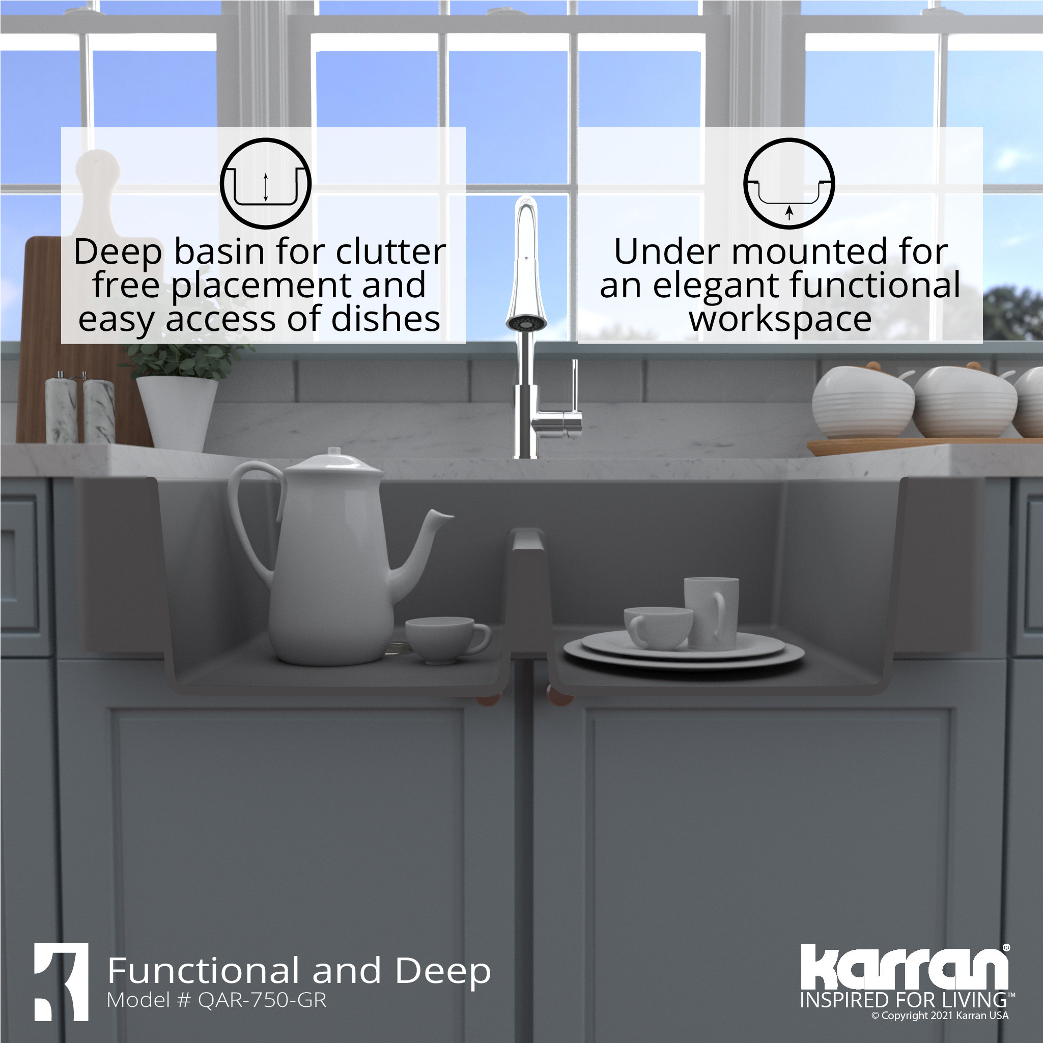 Karran Retrofit Farmhouse Quartz 34" Double Bowl Sink, Grey