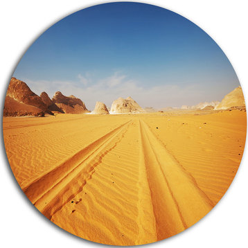 Road In White Desert Egypt, Modern Landscape Disc Metal Wall Art, 11"