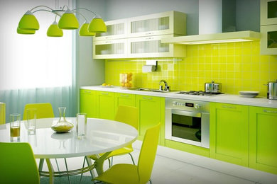 Eat-in kitchen - mid-sized contemporary single-wall porcelain tile and white floor eat-in kitchen idea in Orange County with a double-bowl sink, shaker cabinets, green cabinets, quartz countertops, green backsplash, glass tile backsplash, stainless steel appliances and no island