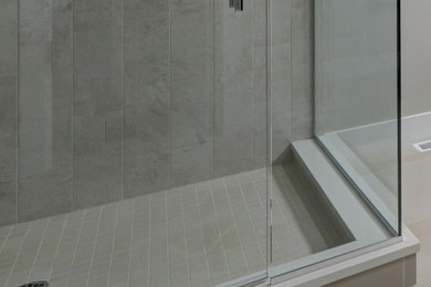 Bathroom - small contemporary master marble floor and gray floor bathroom idea in DC Metro with beaded inset cabinets, white walls, a hinged shower door and a built-in vanity