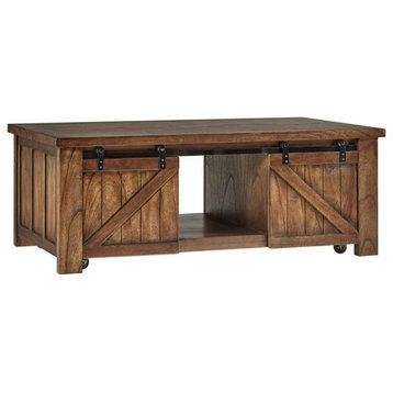 Farmhouse Coffee Table, Open Shelves, Sliding Barn Doors With Large Top, Brown