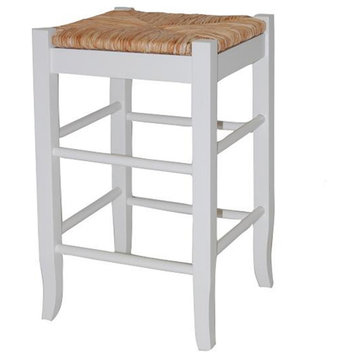 Square Wooden Frame Counter Stool With Hand Woven Rush, White And Brown