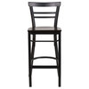HERCULES Black Two-Slat Ladder Back Metal Restaurant Barstool - Walnut Wood Seat