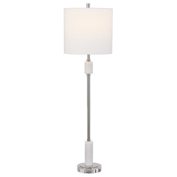 Tall Slim Polished Nickel White Marble Buffet Table Lamp Round Sleek Elegant