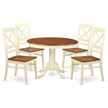 5-Piece Set With a Round Table and 4 Leather Chairs, Buttermilk and Cherry