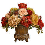 Floral Home Decor - Garnet Peony and Hydrangea Silk Floral Arrangement - Accent your dining table with our lovely custom designed centerpiece of garnet peonies, butternut hydrangeas, and soft yellow roses.  Accented with hand-wrapped berries and ivy.  Set in an antiqued scallop resin container    Decorate your home with one of our custom designed silk flower arrangements.  Each design can be customized to match your decorating style, color, budget and size. We strive to bring you high-quality home accents at affordable prices.