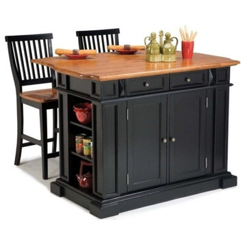 Bowery Hill Traditional Wood Kitchen Island and Stools in Black/Distressed Oak