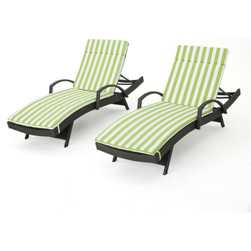 GDF Studio Soleil Outdoor Wicker Chaise Lounges, Cushions, Set of 2, Green/White