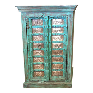 Mogul Interior - Consigned Antique Armoire Moroccan carved Brass Patina Green Storage Cabinet - Storage Cabinets