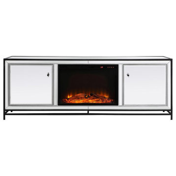 Elegant Decor MF70172BK-F1 72" Mirrored TV Stand With Wood Fireplace, Black