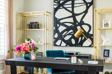 Inspiration for a transitional freestanding desk dark wood floor study room remodel in Atlanta with gray walls