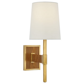 Elle Small Single Sconce in Hand-Rubbed Antique Brass and Dark Rattan with Linen