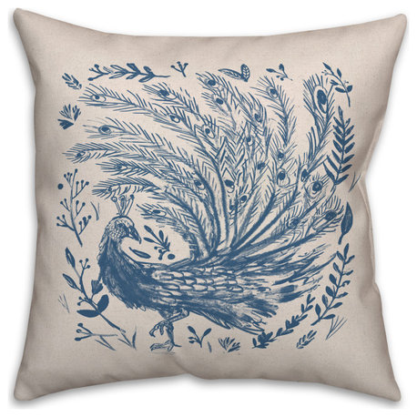 Blue Drawn Peacock 2 16x16 Spun Poly Pillow