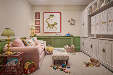 Photo of a medium sized victorian gender neutral kids' bedroom in Kent with carpet and a feature wall.