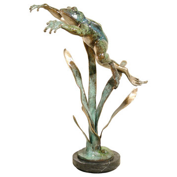 Leaping Frog Bronze Sculpture With Marble Base, Special Patina Finish