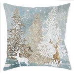 Laural Home - Laural Home Winter Wonderland 17" x 18" Woven Decorative Pillow - Update your favorite sitting chair or couch with the Winter Wonderland Woven Decorative Pillow.  This seasonal themed indoor woven decorative pillow, "Winter Wonderland," features an elegant wintertime scene. Gold and white colors highlight deer and pine trees, which are set against an icy blue background and falling snow. Add this beautiful design to your home for the perfect seasonal look! This Woven Pillow is made of a Cotton/Polyester blended cover and filled with Polyester.  Measuring at 17" x 18", This pillow is the perfect size for your living, den, or bedroom.  The double sided design allows you to not worry about a plain pillow decoration. This pillow can be spot cleaned only, with a mild detergent.