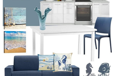 Immagine di un piccolo soggiorno design aperto con pareti blu, parquet chiaro, TV a parete e pavimento beige