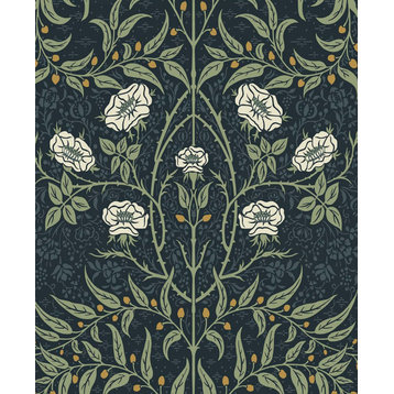 NW43902 NextWall Stenciled Floral Vintage Style Navy Sage Blue Vinyl Wallpaper