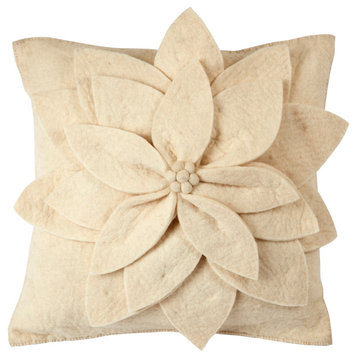 Hand Felted Wool  Pillow, Cream 3D Flower on Cream  20"