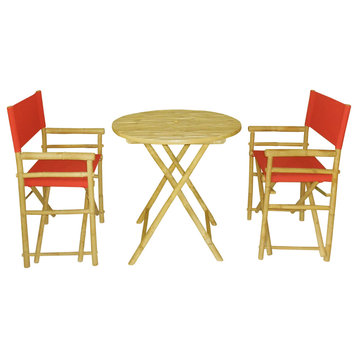 Bamboo Set of 2 Director Chairs and 1 Round Bamboo Table, Red