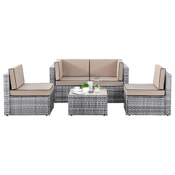 5 Pieces Patio Set, Rattan Frame With Cushioned Polyester Seat