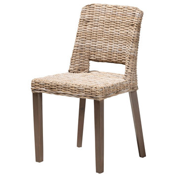 Magy Modern Bohemian Grey Rattan and Natural Brown Finished Wood Dining Chair