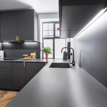Stylish, Small, Black and Gold Kitchen