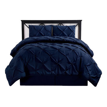 Oxford Pinch Pleat Comforter Set, Down Alternative Fill, Navy, King