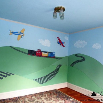 Boy's room mural with Airplanes and a Choo-choo train